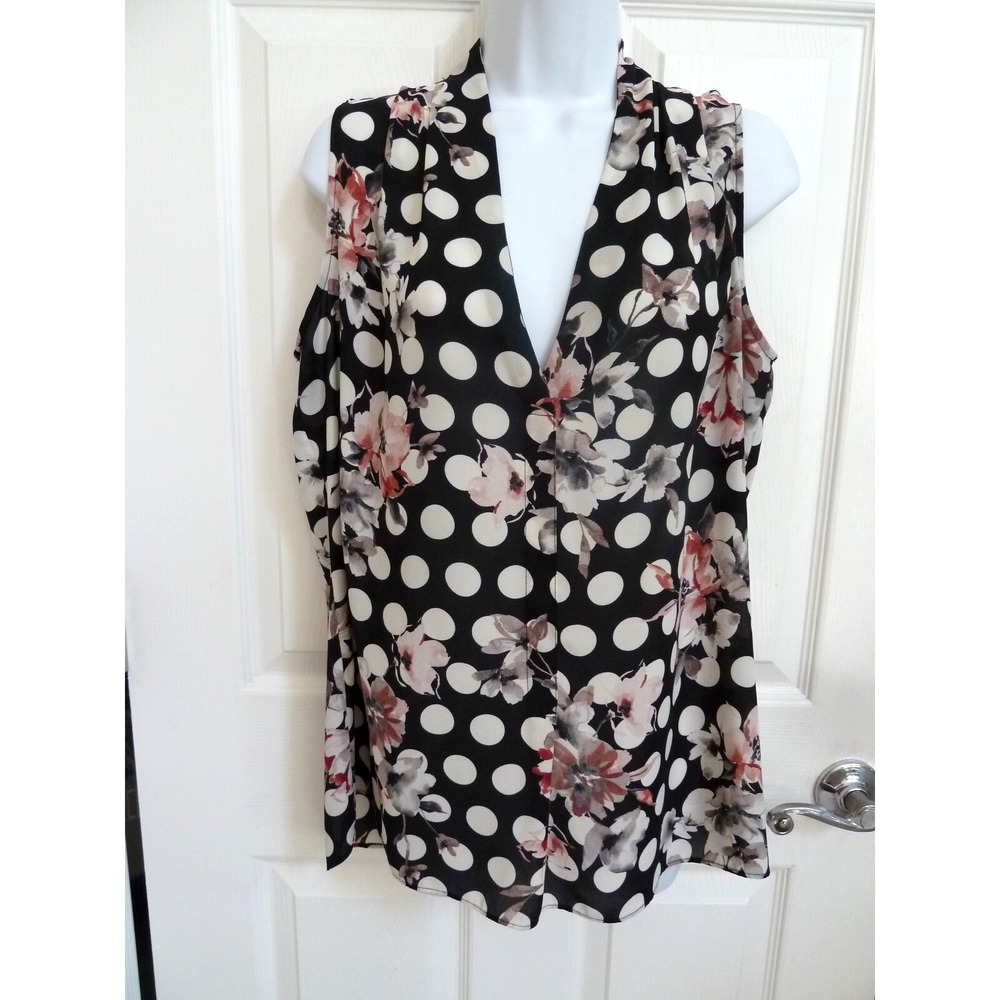 Rose & Olive Women Large Sleeveless V-Neck Polka Dot Floral Blouse Black Pink